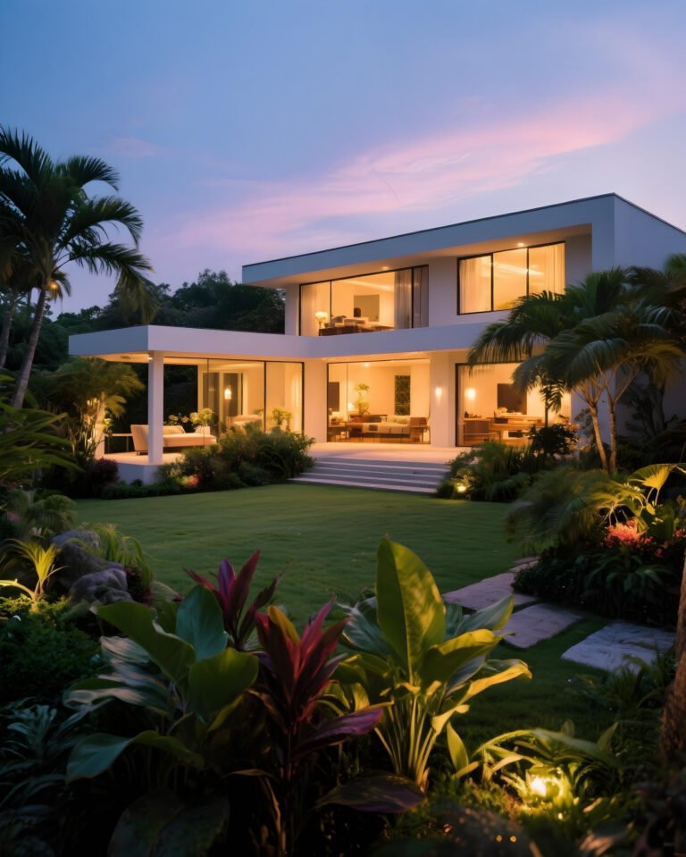 luxury-home-exterior-dusk-with-illuminated-garden
